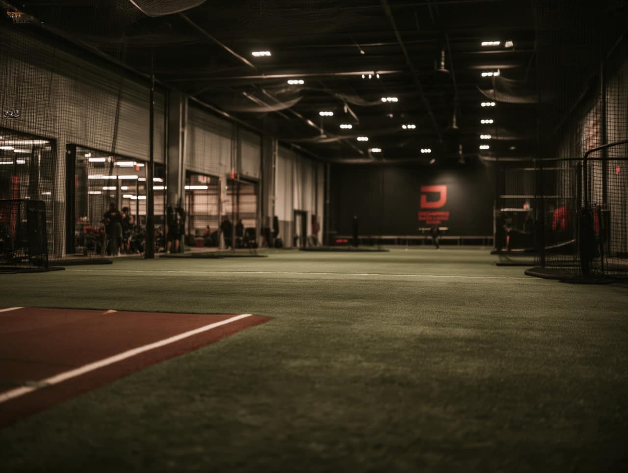 The academy floor from turf level, with batting cages down both sides and the DiChiaro logo on the far wall
